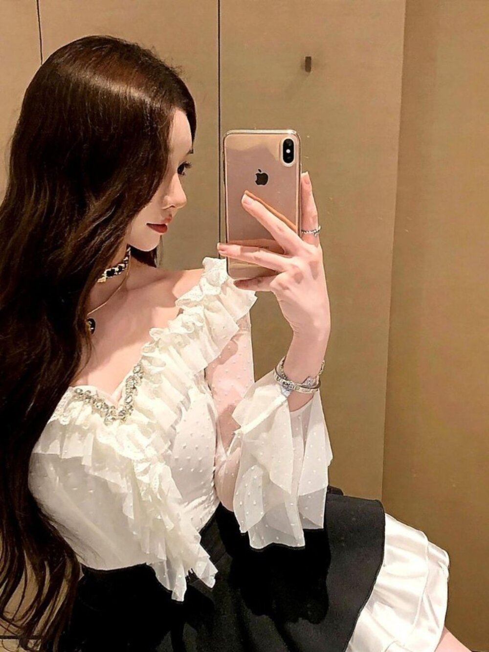 Catyears Swan Ruffle Pearl Blouse White Sweetheart Sheer Dot Sleeve Coquette XS